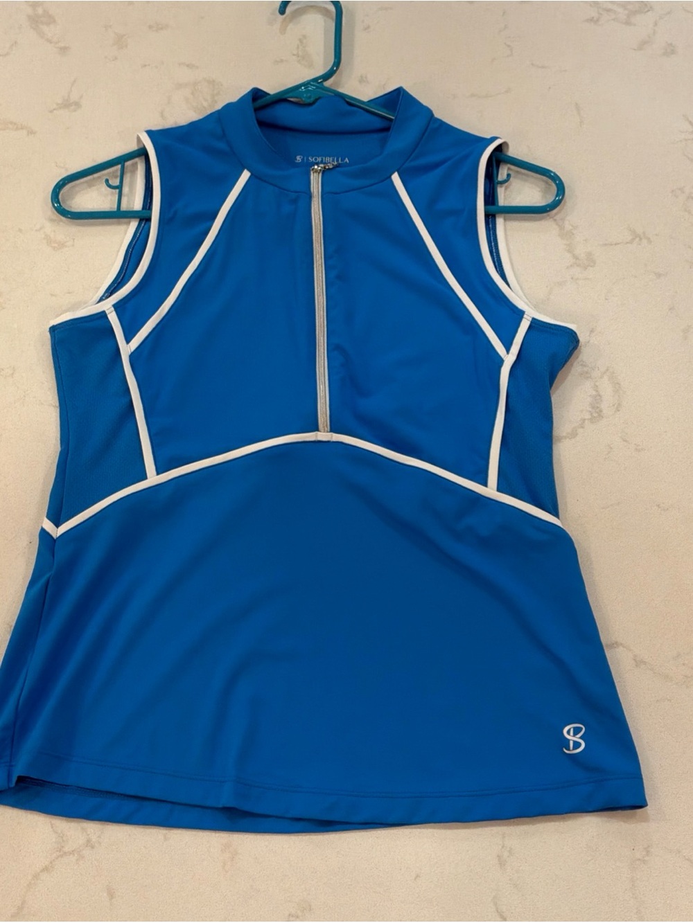 Sofibella Tank Top Sz M Textured & Mesh Sleek Fitted Zip Blue Tennis Pickleball